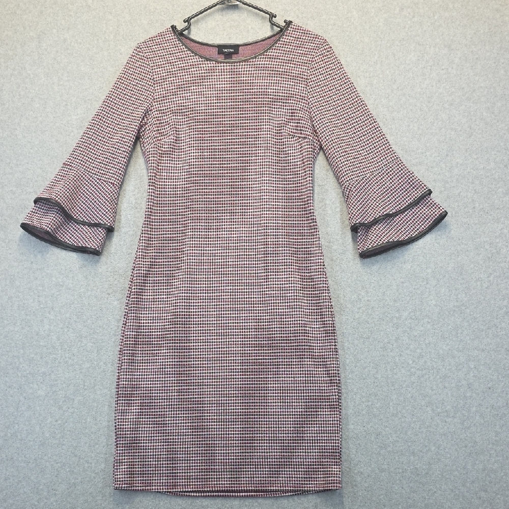 Tacera Red Houndstooth Bodycon Dress Bell Sleeves Size S